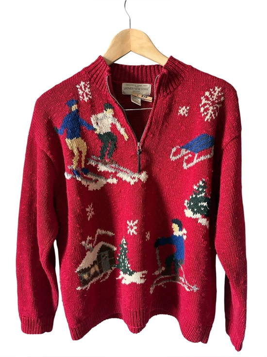 Jones New York Sweaters - Vintage Jones New York Sport Ski Sweater Red Quarter-Zip Petite Medium 90s Y2K